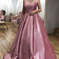 Spaghetti Straps A-line Scoop Sparkle Long Pink Prom Dresses with Pockets
