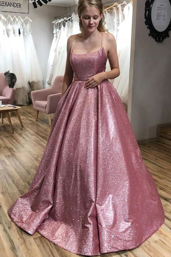 Spaghetti Straps A-line Scoop Sparkle Long Pink Prom Dresses with Pock