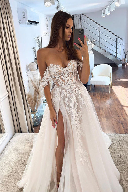 Tulle A Line Sweetheart Neck Wedding Dresses With Lace Appliques, PW366 main image 0