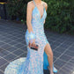 Mermaid Sequin Sparkle Blue V Neck Shiny Prom Dresses Long Evening Dresses