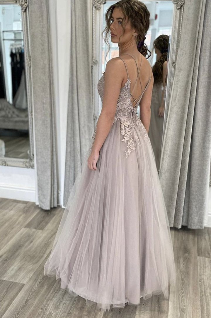 A Line Tulle Lace Appliques Long Flooe Length Formal Evening Dresses A line Prom Dresses