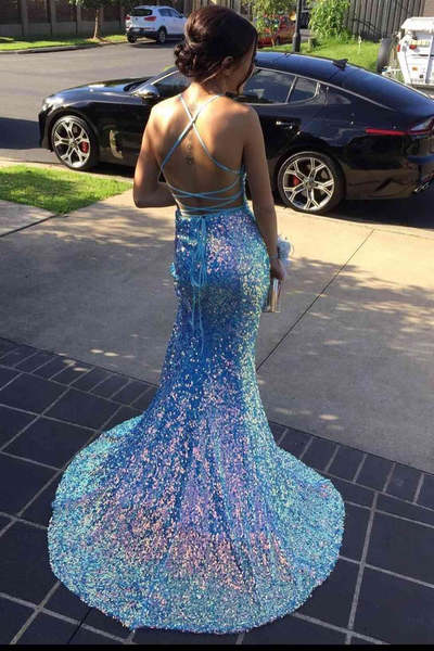 Mermaid Sequin Sparkle Blue V Neck Shiny Prom Dresses Long Evening Dresses