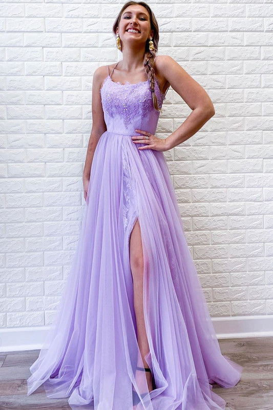 Spaghetti Straps Lavender A-Line Tulle Appliques Long Prom Dresses with Slit