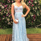 Chic Sky Blue Floor Length Lace A-Line Evening Dresses Straps Prom Dresses