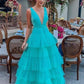 Spa Deep V-neck A Line Tiered Skirt Long Party Gowns Charming Tulle Prom Dresses