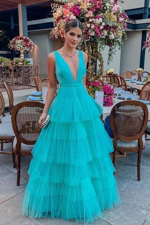 Spa Deep V-neck A Line Tiered Skirt Long Party Gowns Charming Tulle Pr