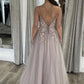 A Line Tulle Lace Appliques Long Flooe Length Formal Evening Dresses A line Prom Dresses