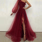 Tulle Prom Dresses A Line Long Evening Dresses Burgundy One Shoulder