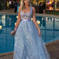 Chic Sky Blue Floor Length Lace A-Line Evening Dresses Straps Prom Dresses