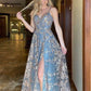 Blue A-Line Lace Long Formal Evening Dresses With Slit Spaghetti Straps Prom Dresses