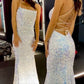 Glitter Sequin Long Backless Evening Gown Party Dresses Mermaid Sparkly Prom Dresses