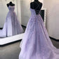 Lavender Applique Tulle Formal Gown with Sweep Train Prom Dresses Long Evening Dresses