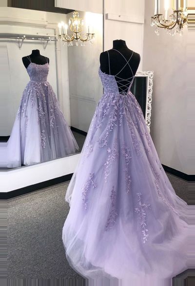 Lavender Applique Tulle Formal Gown with Sweep Train Prom Dresses Long Evening Dresses