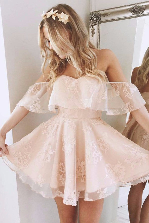 A-Line Off-the-Shoulder Short Pearl Pink Lace Homecoming Dress OM561