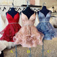 Pink A Line Unique Sparkly V Neck Mini Homecoming Dresses Puffy Short Prom Dress