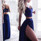 Two Piece V-Neck Floor-Length Royal Blue Stretch Satin Prom Dress With Lace OM560