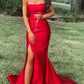Red Satin Strapless Slit Formal Evening Dresses Mermaid Long Prom Dresses