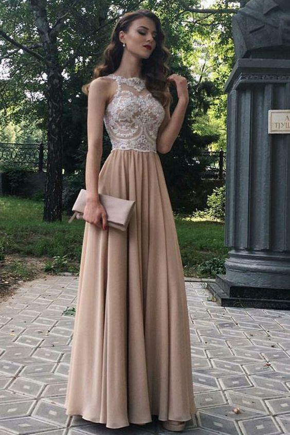 Peach Lace Chiffon A-Line Formal Evening Dresses Beaded Long Prom Dresses