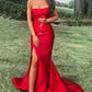 Red Satin Strapless Slit Formal Evening Dresses Mermaid Long Prom Dresses