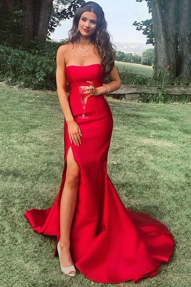 Red Satin Strapless Slit Formal Evening Dresses Mermaid Long Prom Dresses