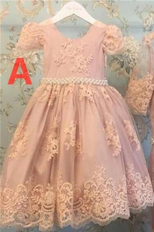 Cute Pink Lace Short Sleeves Beading Flower Girl Dresses,Baby Dresses F41 - Ombreprom