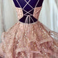 Pink A Line Unique Sparkly V Neck Mini Homecoming Dresses Puffy Short Prom Dress