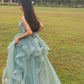 Gray Spaghetti Straps Tulle Princess Formal Evening Party Dresses Long Formal Prom Dresses