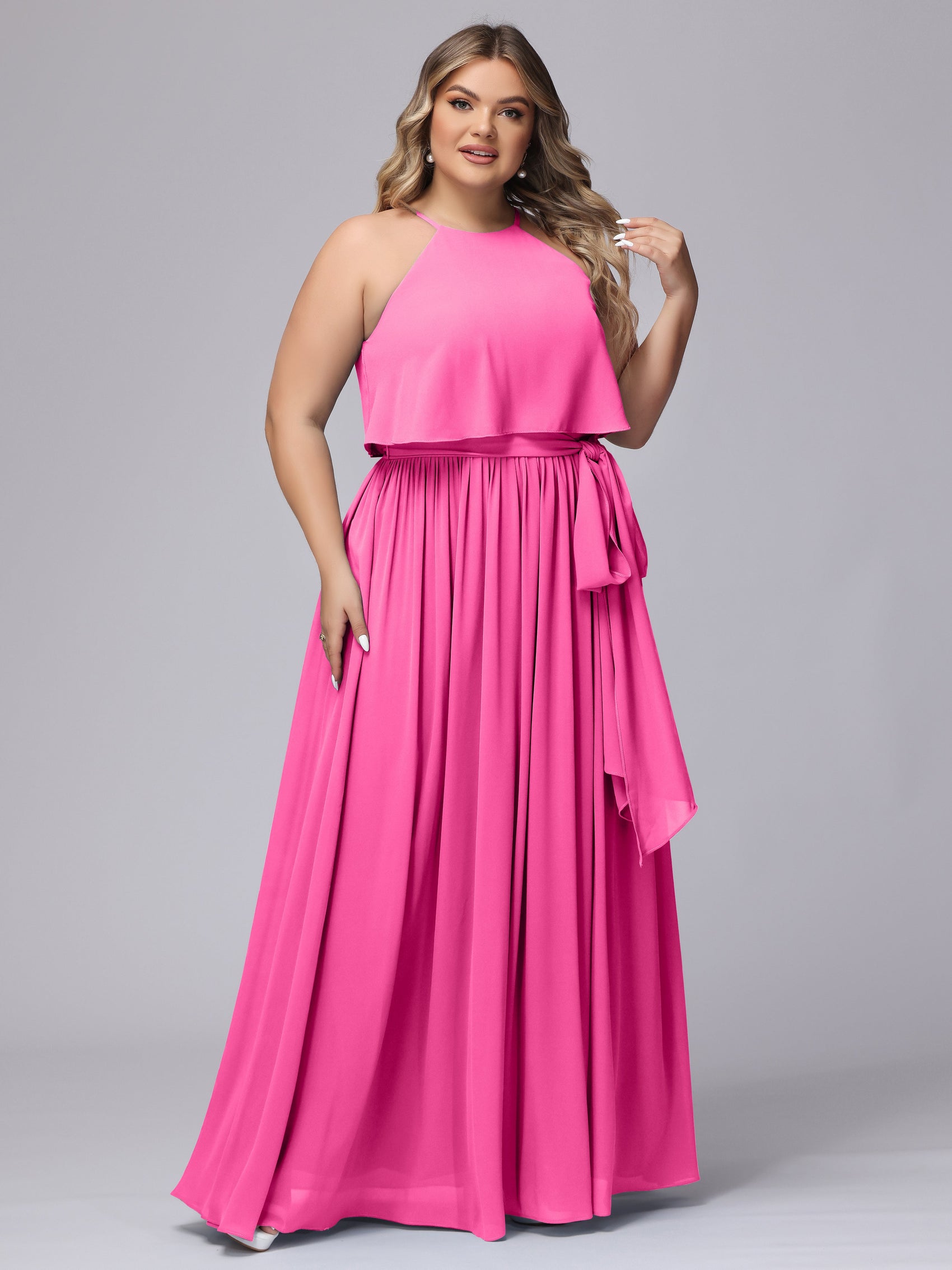 Long Halter Chiffon Dresses of Bridesmaid Sage Plus Size main image 0