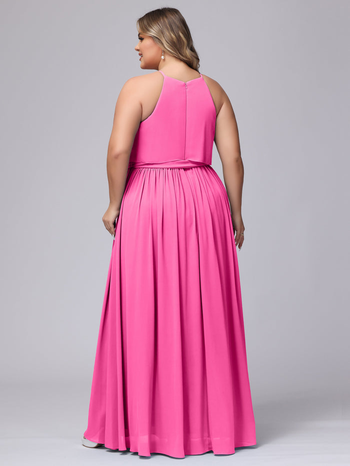 Halter Chiffon Max Bridesmaid Dresses with Pockets Dark Navy Plus Size main image 0