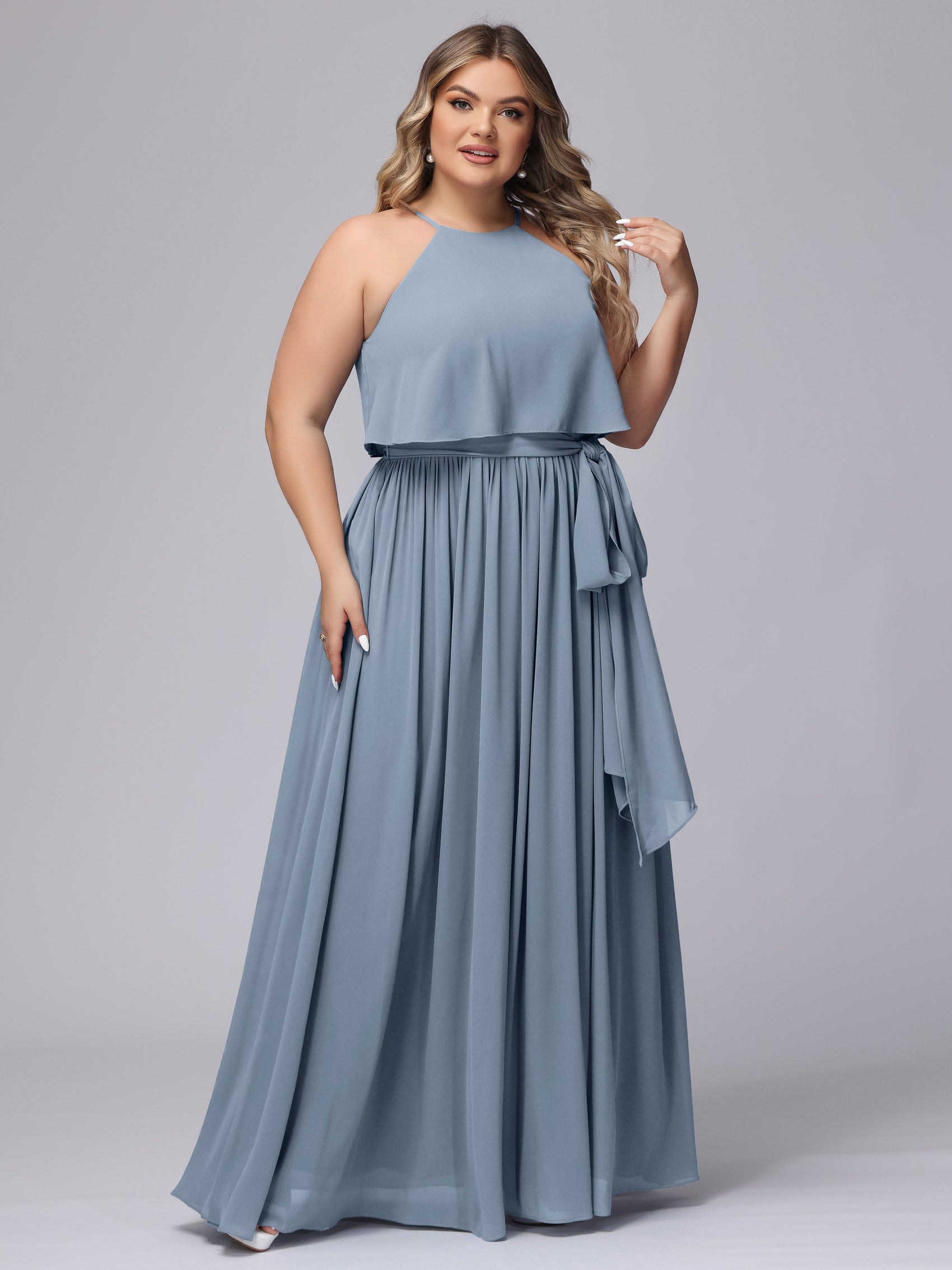 Long Halter Chiffon Dresses of Bridesmaid Royal Blue Plus Size