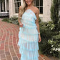 Fashion Halter Ruffles Chiffon Long Party Dresses Tulle Prom Dresses with Slit