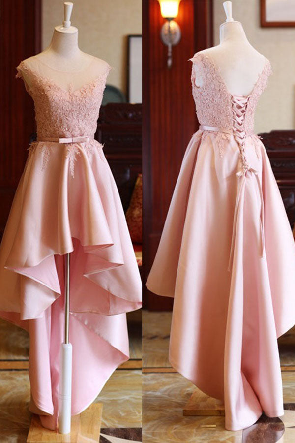 Cheap Pink High Low Scoop Lace Up Mid Back Satin Sleeveless Prom Dresses M306