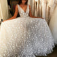 White V Neck Sleeveless Glitter Sparkly Long Wedding Dresses Floor Length Prom Dresses