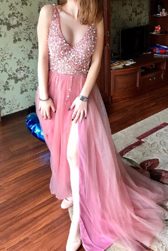 Beautiful Sleeveless Blush Pink V Neck Long Prom Dress