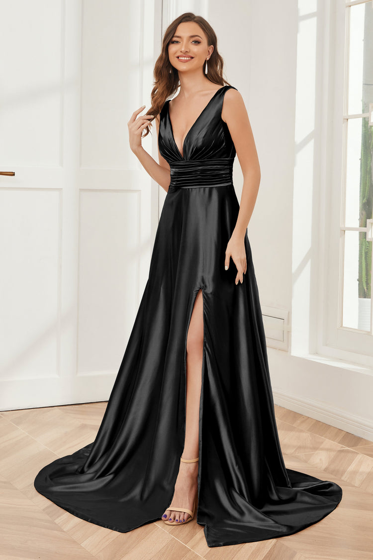 Sexy Stretchy Satin Black Long Bridesmaid Dresses