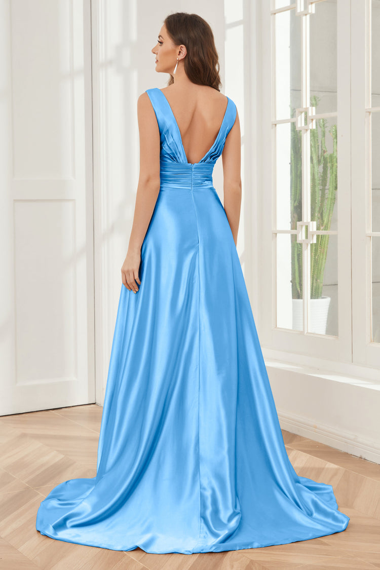 Pink Sheath V Neck Satin Long Bridesmaid Dress