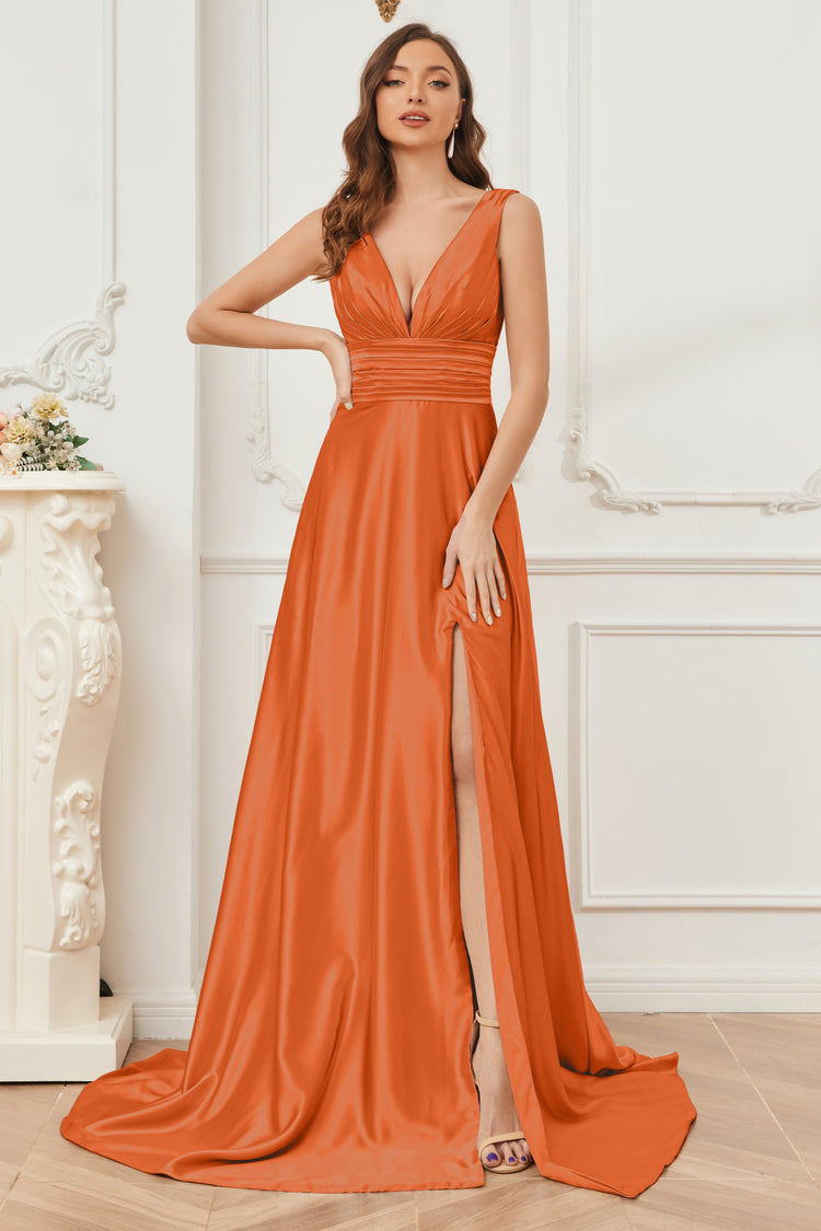 Elegant Soft Satin V-neck Long Wedding Bridesmaid Dresses Online In Stock