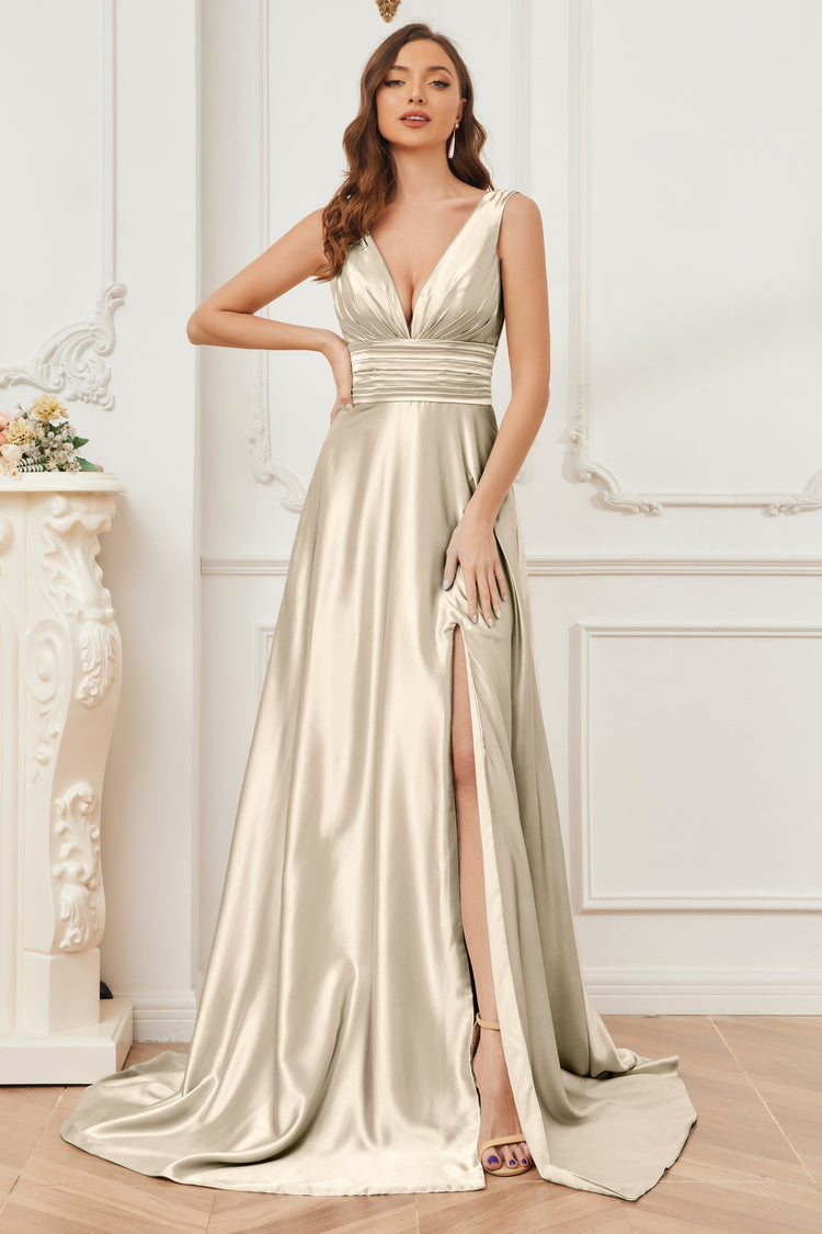 Sexy V-Neck Soft Satin A-Line Side Slit Long Bridesmaid Dresses Online main image 0