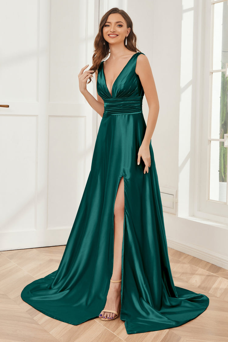 Black A-Line Formal Satin Long Bridesmaid Dresses