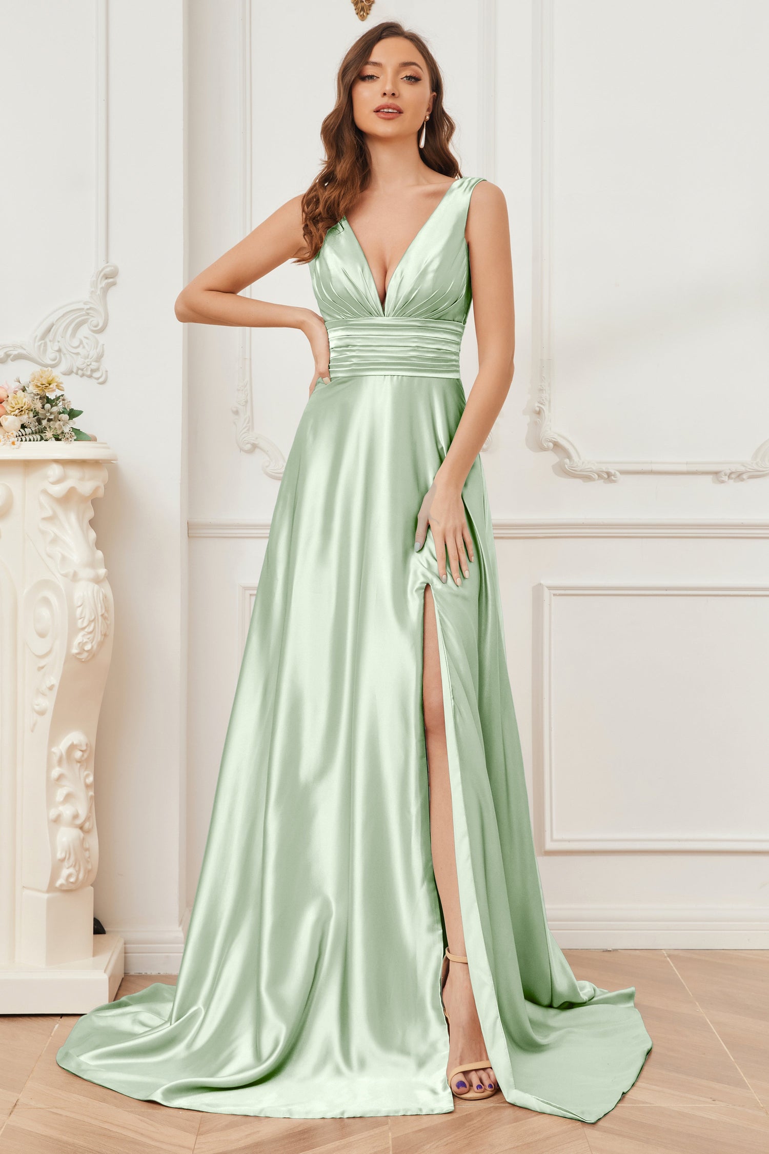 Elegant A Line Gray Satin Long Bridesmaid Dress main image 1