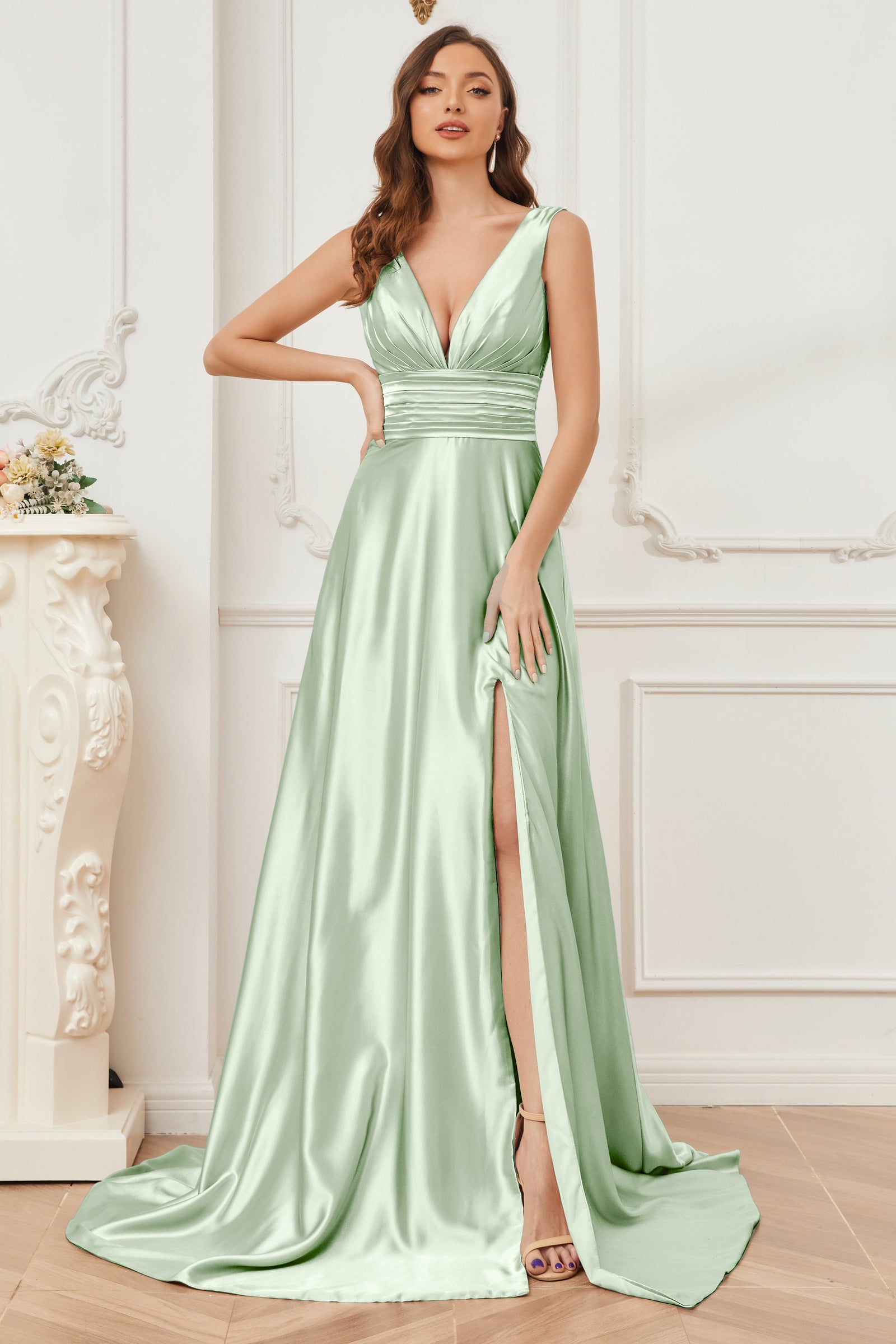 A-Line Sleeveless Olive Long Bridesmaid Dress main image 1