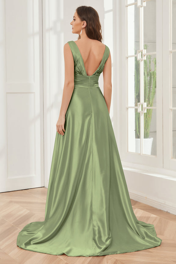 Bridesmaid Dress Mint Green Elegant V-Neck A Line Slit Stretch Satin Long Bridesmaid Dress