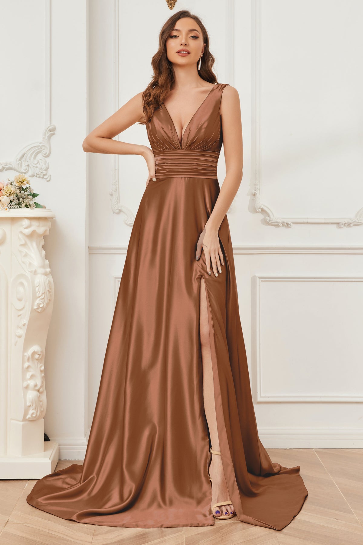 Classy Simple A Line Halter Satin Long Bridesmaid Dress C3883