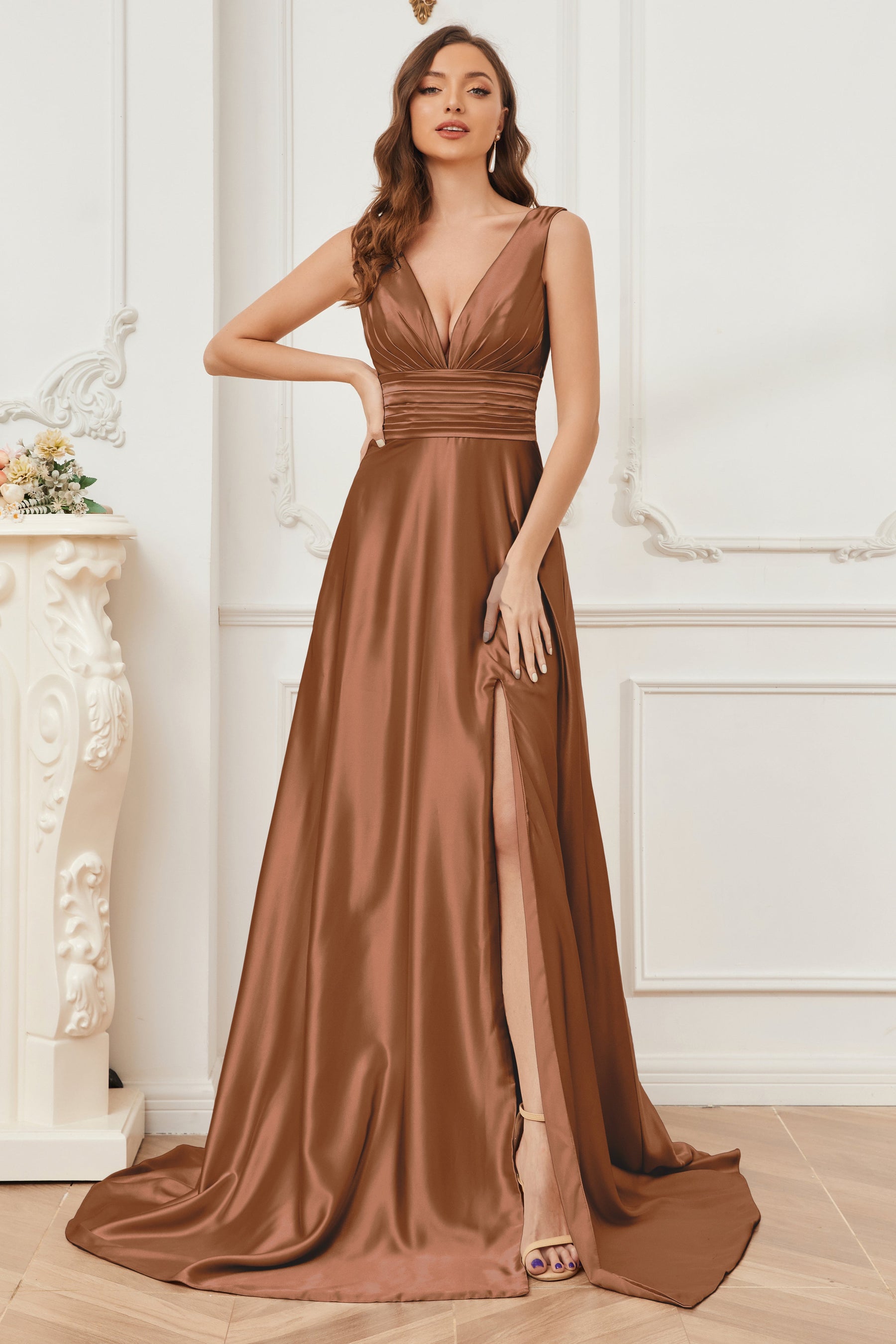 V Neck Long Sleeve Bridesmaid Dress A Line Formal Prom Dresses Evening Gowns  Y7215 main image 1