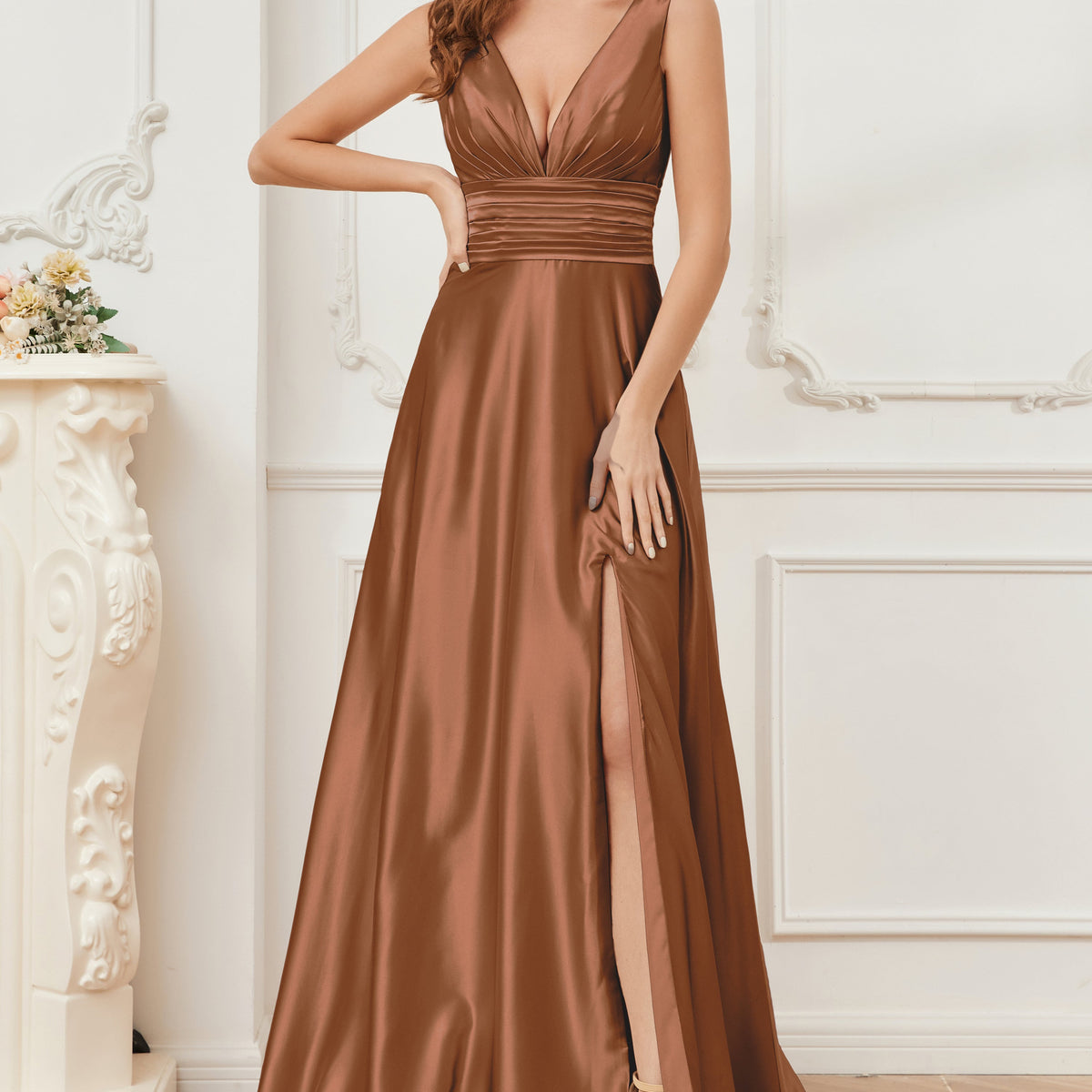 satin terracotta bridesmaid dresses A-line V-neck Sleeveless Soft Satin Long Bridesmaid Dress