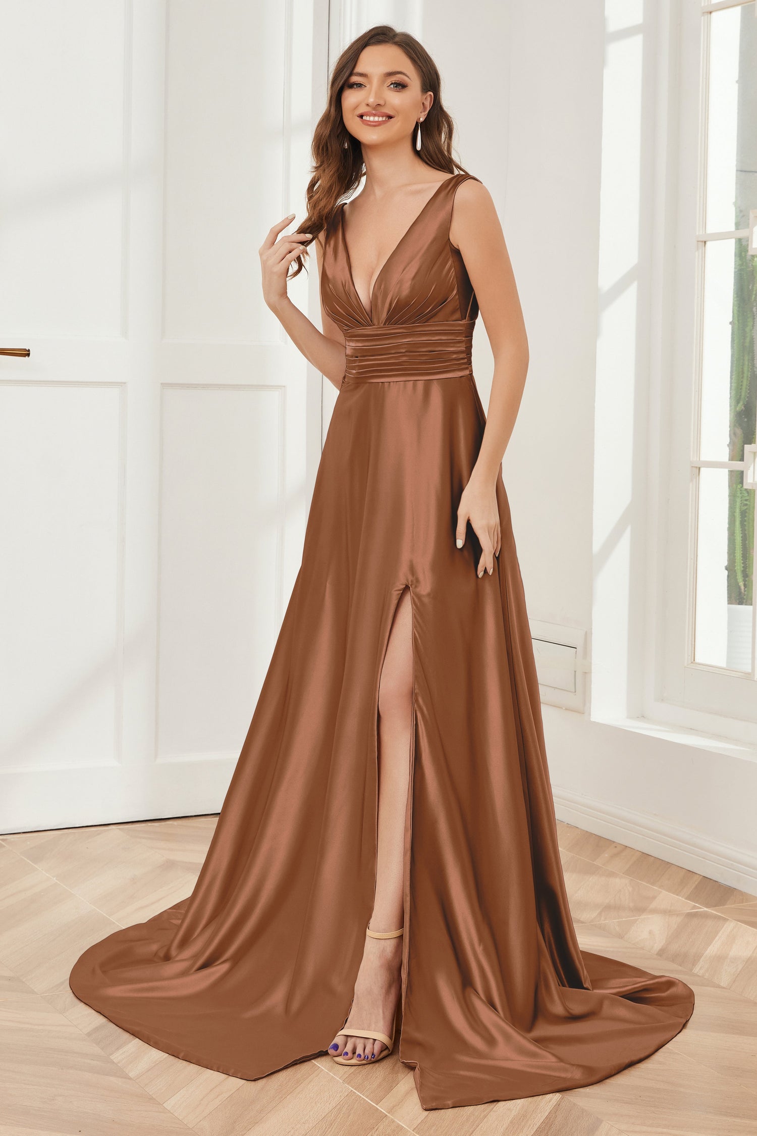 Classy A Line Silver Gray Satin Long Bridesmaid Dress