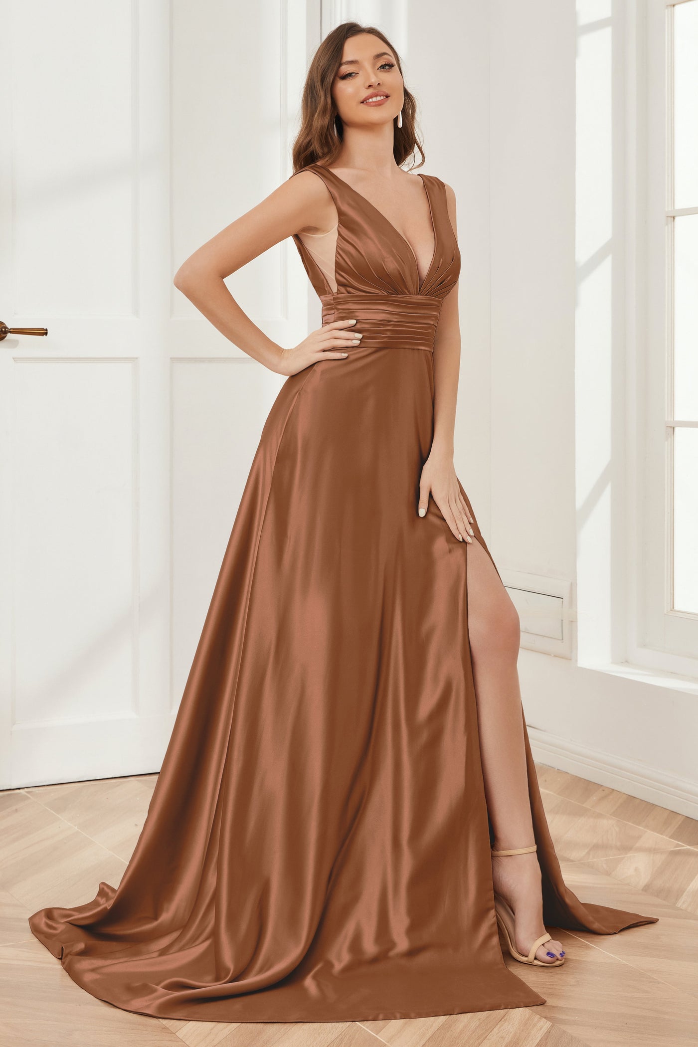 V-Neck Ruffles Long Bridesmaid Dress Soft Satin main image 0