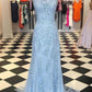 Chic Trumpet Spaghetti Straps With Lace Appliques Light Blue Prom Dresses