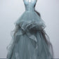 Gray Spaghetti Straps Tulle Princess Formal Evening Party Dresses Long Formal Prom Dresses