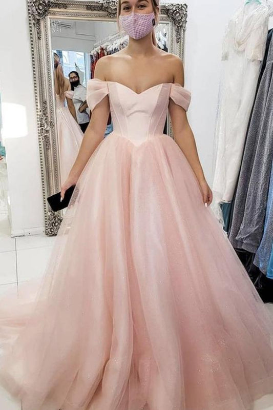 Light Pink Off The Shoulder A Line Simple Party Dresses Long Tulle Prom Evening Dresses